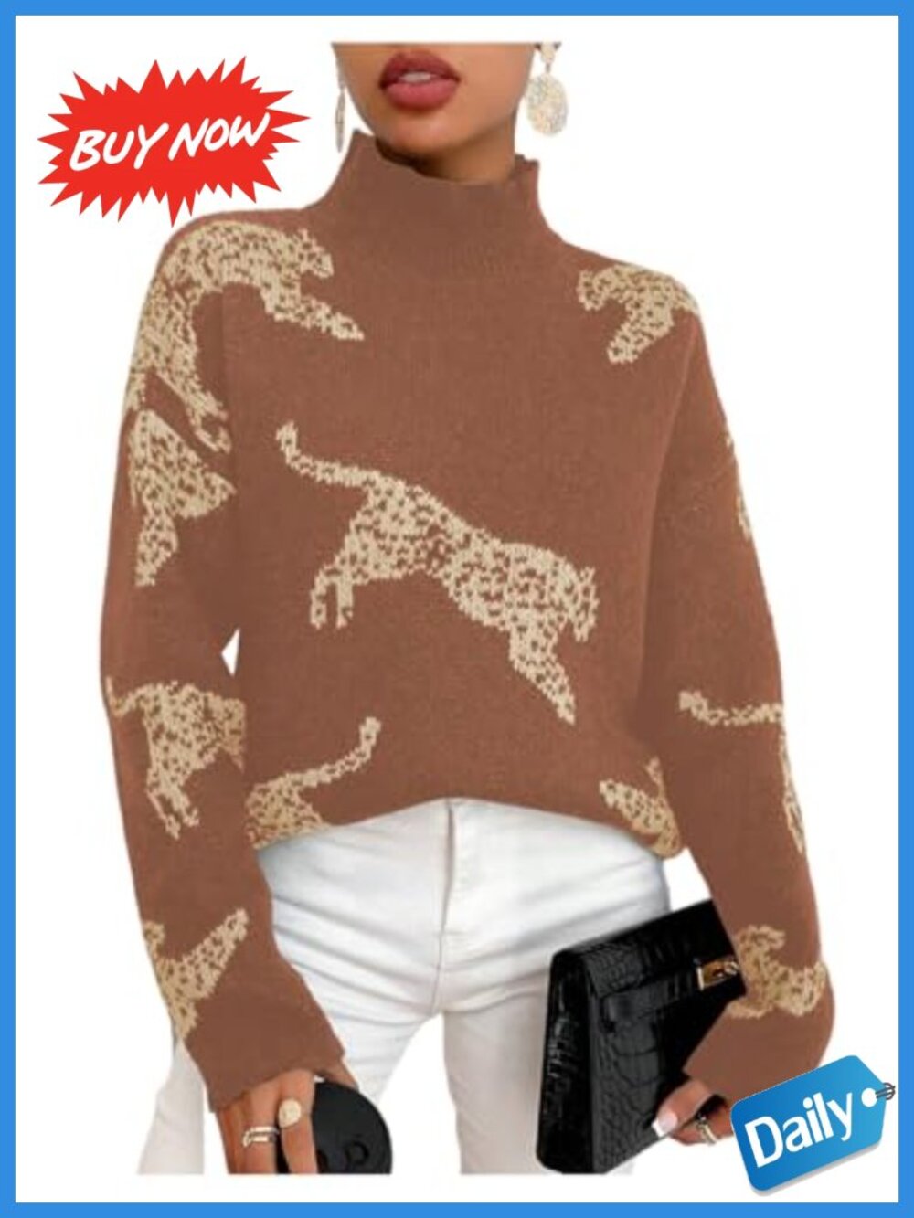Leopard Tiger Print Fuzzy Knit Pullover Sweater Mock Neck Long Sleeve